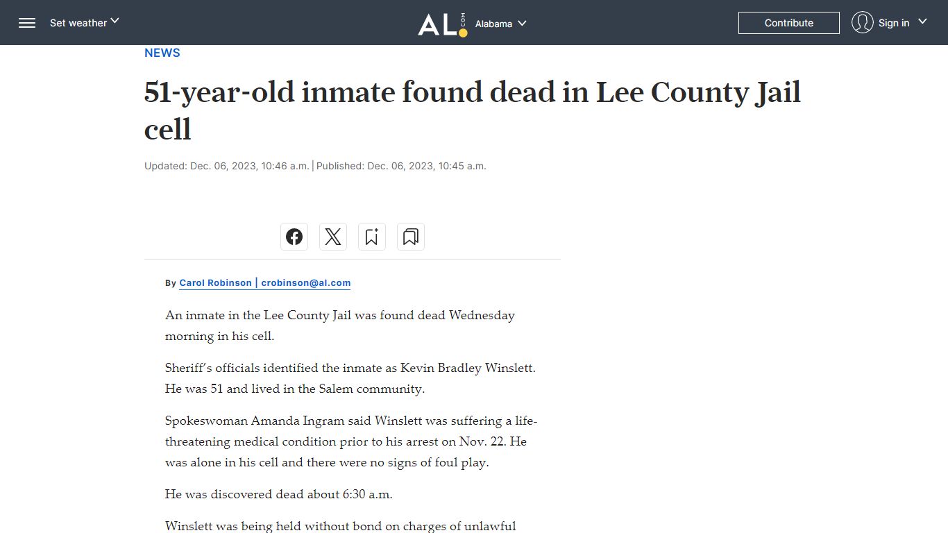 51-year-old inmate found dead in Lee County Jail cell - al.com